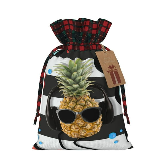 Kdxio Pineapple With Black Glasses Christmas Drawstring Bags Xmas Buffalo Plaid Candy Bags Linen Treat Bags Christmas Gift Bags for Presents-Black
