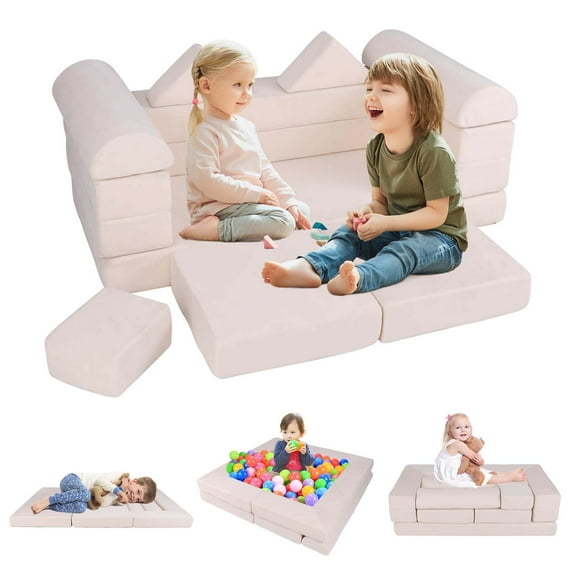 Costway Kids Modular Play Couch Play Set with Suede Fabric Cover High-Density Foam Beige