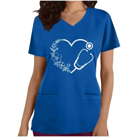 

Scrubs Tops for Women Heartbeat Graphic Printed Short Sleeve V-Neck Nurse Uniforms Soft Stretch Revolution Holiday Scrubs with Pocket