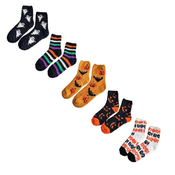 jiaxiM 5 Pairs Fall Fuzzy Socks, Lounge Socks, Halloween Mid‑Calf Sock Set, Breathable Plush Textile, Expandable Silhouette, Cozy Wear For Cool Evenings