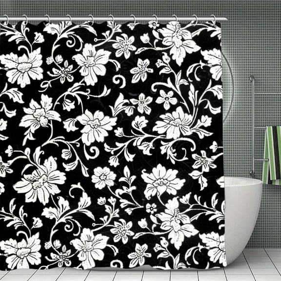 Black White Floral Print Shower Curtain,Modern Fabric Waterproof Shower Curtain Set with Hooks,70.8×70.8Inch