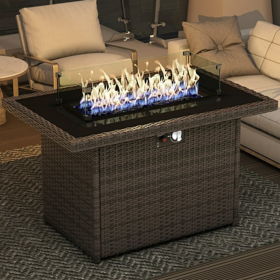 44" Propane Gas Fire Pit Table, 55000 BTU Rectangular Fire Pit with Glass Wind Guard for Outside Patio Deck Garden Backyard