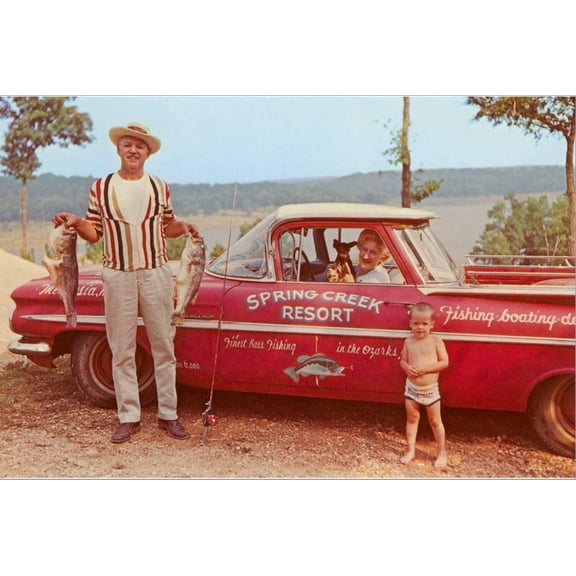 Art.com Spring Creek Resort in Ozarks, Man with Fish Stretched Canvas Print Wall Art, 36" x 24"