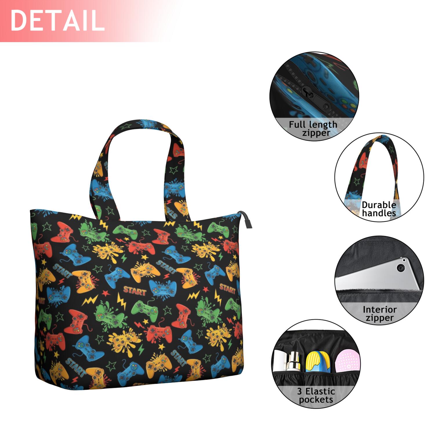 Colorful Games Controller Black Pattern Travel Tote Bags for Women Carry On,Large Weekender Bags for Women Travel,Multi Functional Duffle Bag for Work,Shopping,Sports