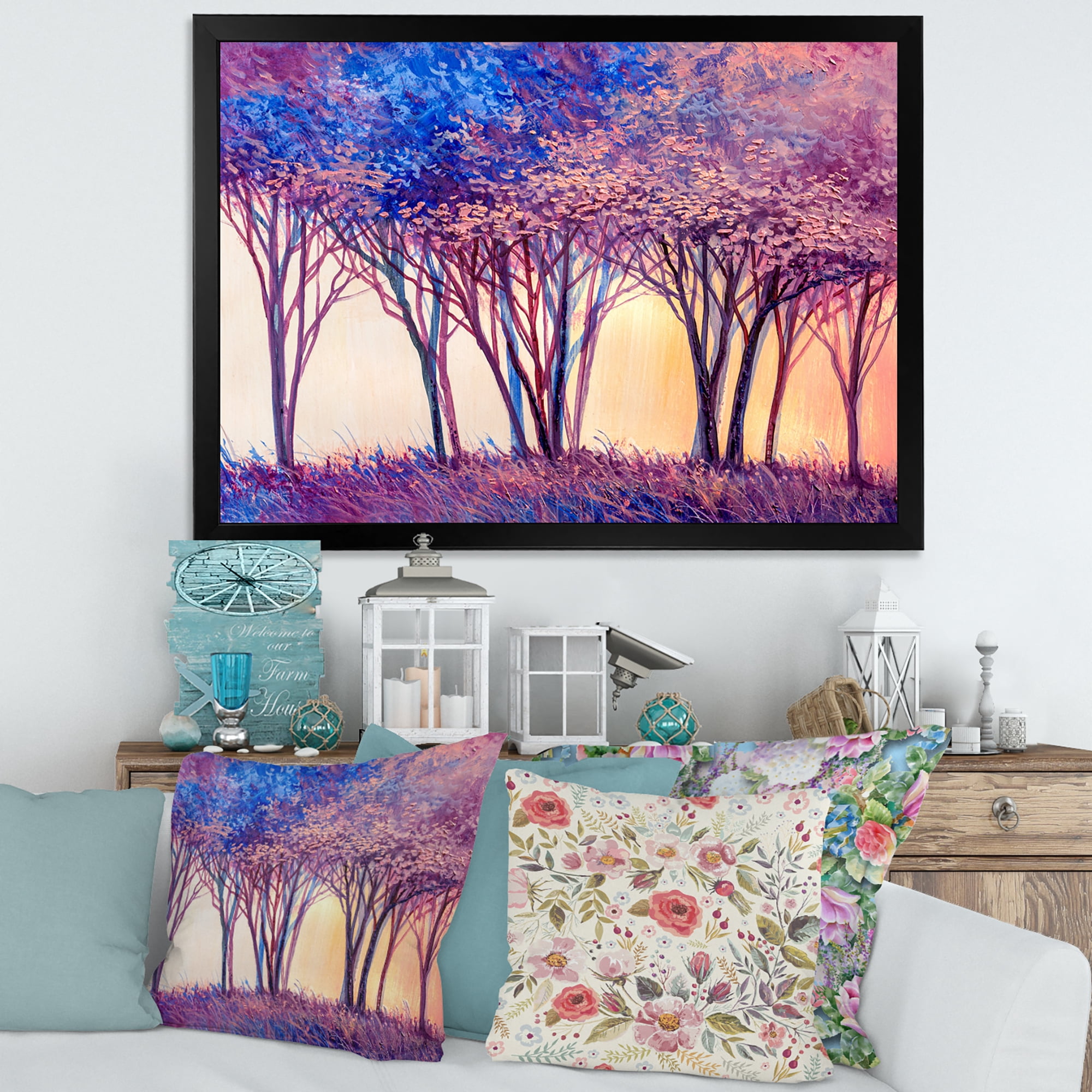 Designart 'Colorful Blue Trees Abstract Forest Landscape' Modern Framed Art Print