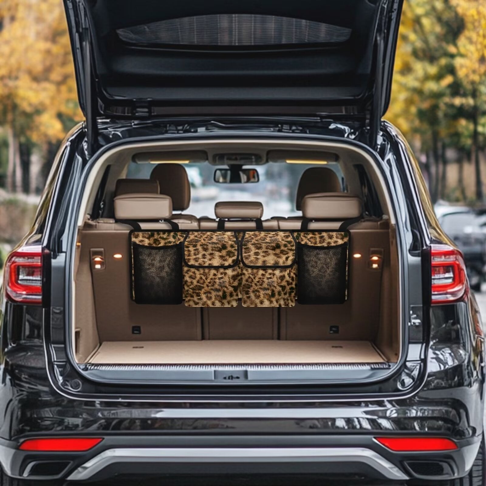 KUIFORTI Car Trunk Organizer Brown Leopard Print Car Storage Organizer Stylish Back of Car Seat Organizer, Breathable Car Trunk Organizer for Sedan, SUV, Trucks, Van