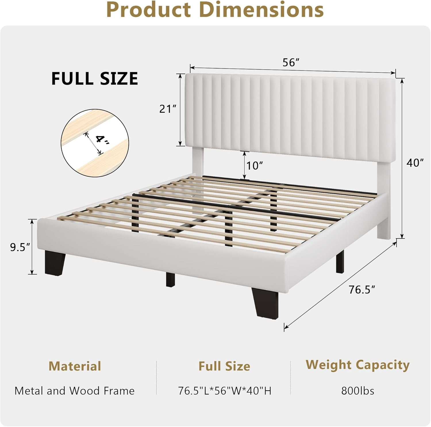 Honfach Full Size Bed Frame, Upholstered Platform Bed with Velvet Headboard, Wide Bed Legs and Strong Wood Slats Support, White