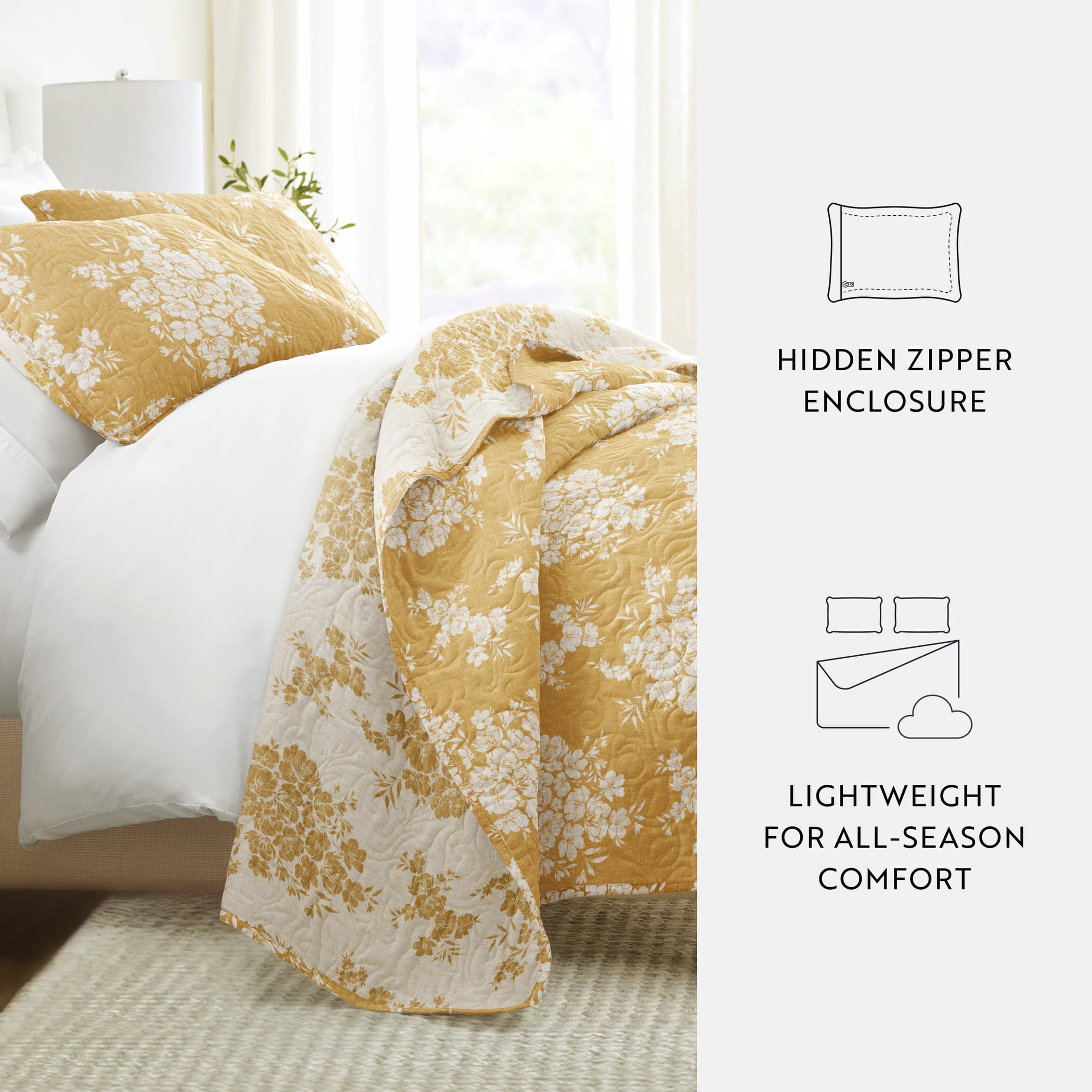 Noble Linens 3-Piece Mustard Distressed Bouquet Reversible Quilt Set, Queen