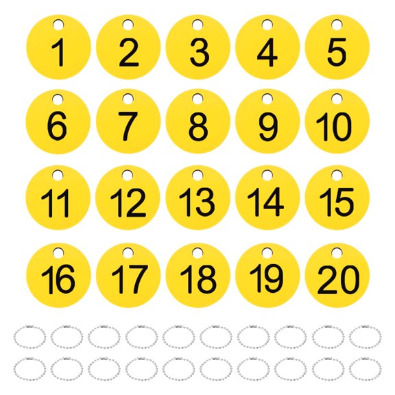 1-20 Number Tags, 20Pcs Round ID Number Key Tags Plastic Numbered Keychain with Key Rings for Luggage Lockers Organizer Field Sales Hangers Clothes Labels, Black-Yellow