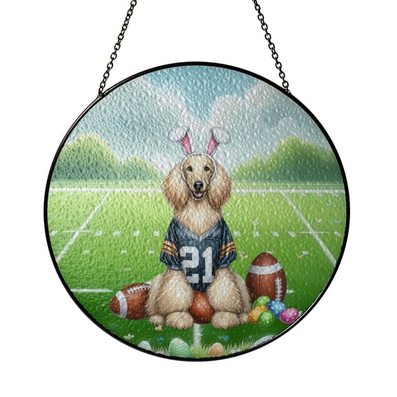 Happy Easter Hello Spring Afghan Hound Playing Football Stained Glass Suncatcher Dog Lover Window Hanging Sign Decor - 13003