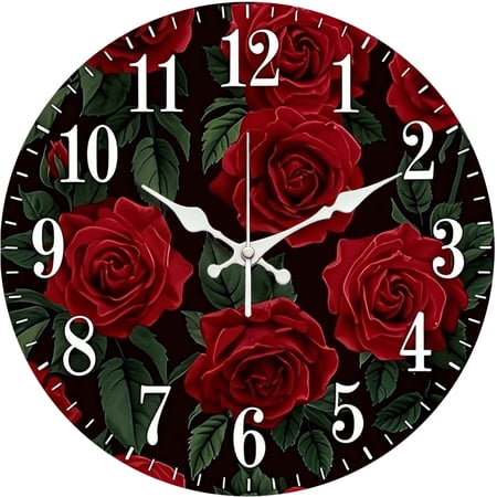 Hoease 10 Inch Silent Wall Clock, Vintage Red Rose Floral Decorative Wall Clock, Battery Operated Non-Ticking Round Clock for Living Room Bedroom Floral Home Decor