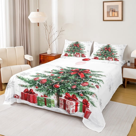 Manfei Chic Christmas Tree Twin Sheet Sets,Happy New Year Twin Fitted Sheet,White Green Red Flat Sheet For Girls Kids,Microfiber Bedroom Decor,3 Pieces