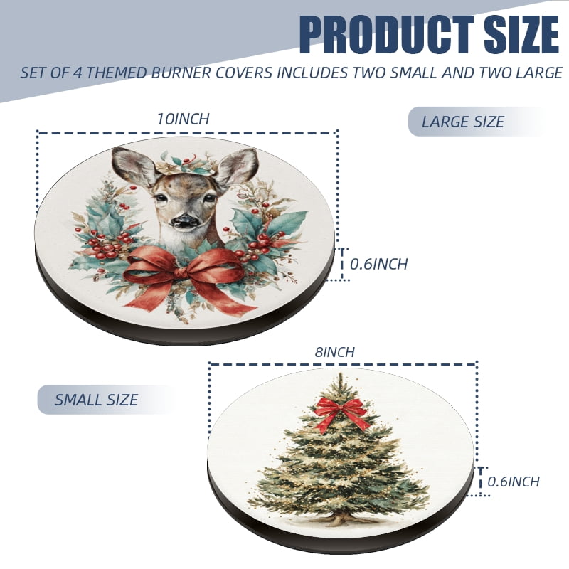 4 Pcs Christmas Gas Stove Burner Cap Set, Christmas True Snowman Deer and Gingerbread Man Durable Round Gas Stove Burner Covers Set of 4 for Kitchen Xmas Decor, 8 Inches and 10 Inches