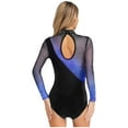 thumbnail image 2 of YUUMIN Women's Figure Ice Skating Leotard Rhinestone Long Sleeve Streamlined Splice Hollow Out Bodysuit Blue L, 2 of 5