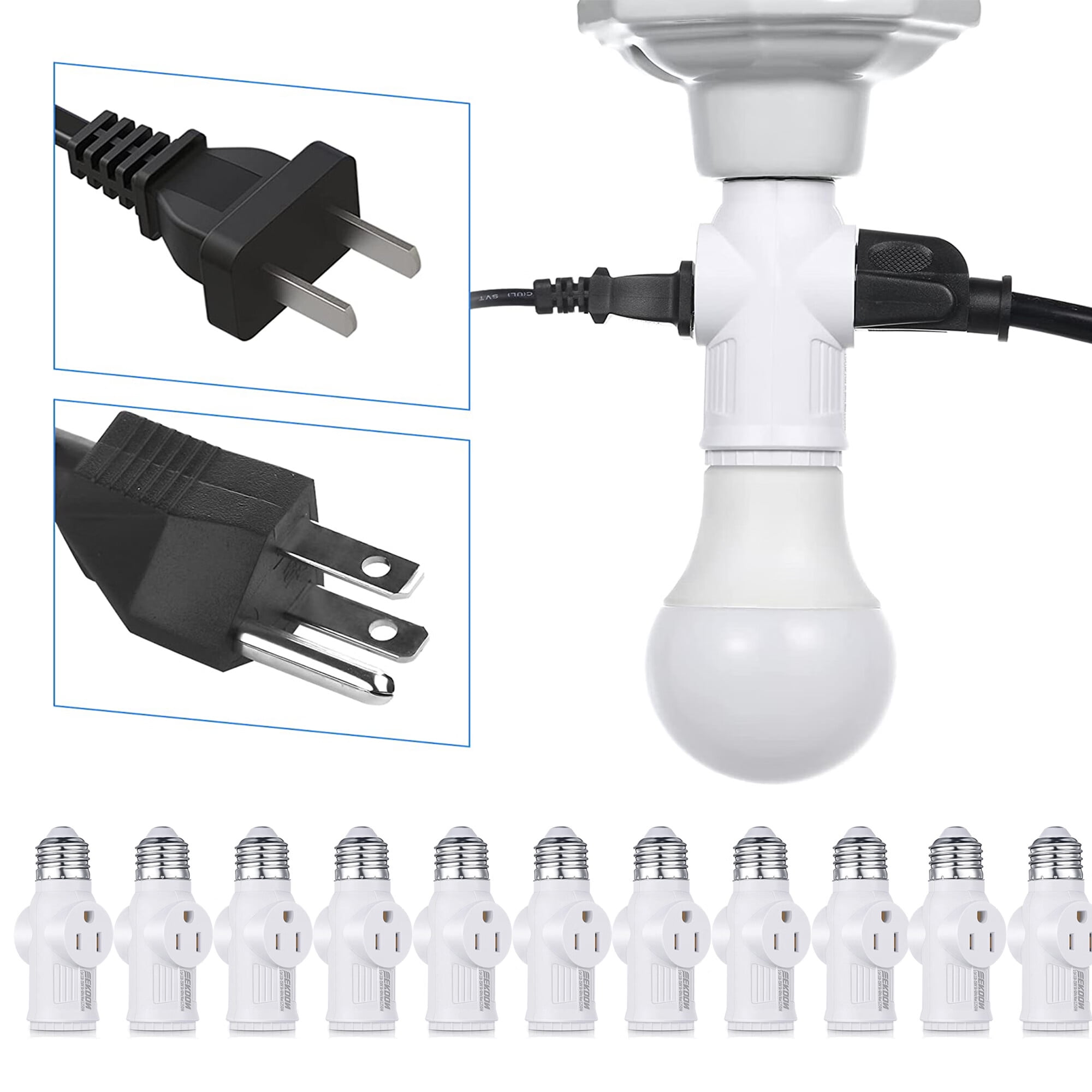 3 Prong Light Socket Adapter, E26 Light Bulb Outlet Adapter, Polarized