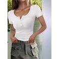 thumbnail image 6 of Women'S Spring Summer Short Sleeve Tops Ribbed Knit Henley Button Up Slim Fit Basic Casual T Shirts Blouse White M, 6 of 9