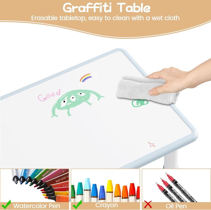 EastVita Kids Table and 2 Chairs Set, Height Adjustable Toddler Table and Chair Set, Graffiti Desktop, Children Multi-Activity Table for 2, Kids Study Table for Home Daycare Preschool for Ages 2-8