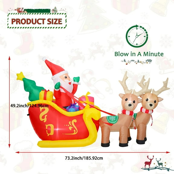 [Lighted Christmas Inflatable] Lighted Christmas Inflatable - Santa Claus On Sleigh with Two Reindeer | Holiday Yard Decor, Garden Inflatable Decorations for Holiday Season