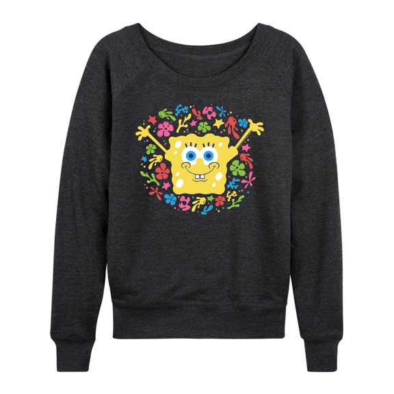 SpongeBob SquarePants - Spongebob Pattern Lightweight French Terry Wide Neck Long Sleeve Graphic Shirt