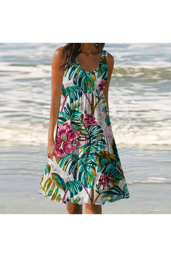 Summer Dresses for Women 2025 Casual Floral Printed Beach Dresses Loose Flow Midi Dress Sleeveless Tank Sun Dress