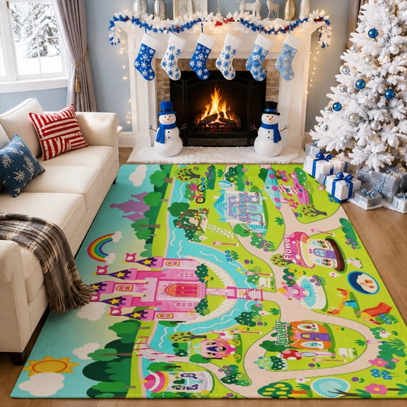 Gelasgo Princess Castle Velvet Area Rug, Colorful Fairy Tale Decorative Carpet, Soft Indoor Floor Mat for Kids Room Bedroom Nursery Playroom Home Decor