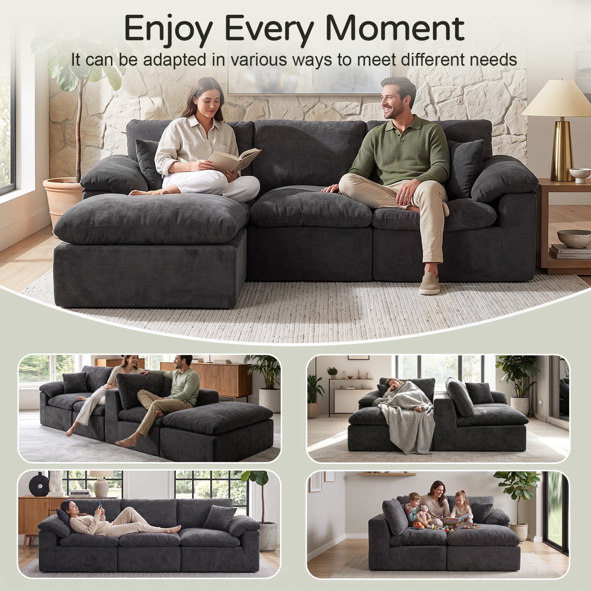 HOQBN Modular Sectional Sofa, L Shape Cloud Couch with 1 Movable Ottoman, Comfy Chenille Deep Seat Sofa with Soft Pillows for Living Room Apartment Black