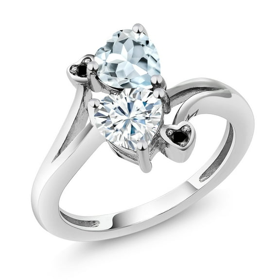 Gem Stone King 10K White Gold Diamond Accent Ring Heart Shape Sky Blue Aquamarine and Moissanite (1.56 Cttw, Size 9)