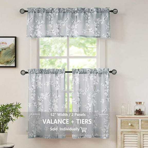 Decoultimatex Green Window Valance Curtains for Living Room White Floral Print on Canvas Kitchen Valance for Bathroom Basement Window Top Botanical Blossom 54” W x 15" L 1 Panel