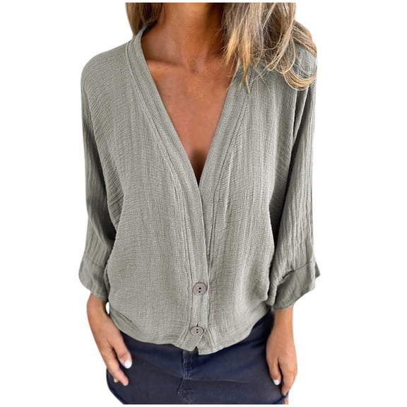 Cotton Linen Womens Short Sleeve Shirts Deep V-Neck Button Down Blouse Tops Solid Casual Loose Basic T Shirt