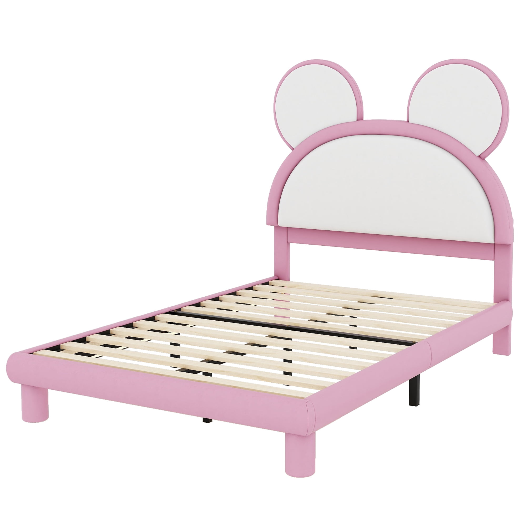 EUROCO Upholstered Full Size Platform Bed with LED Light, PU Leather Cartoon Bed for Kids Teens, Pink