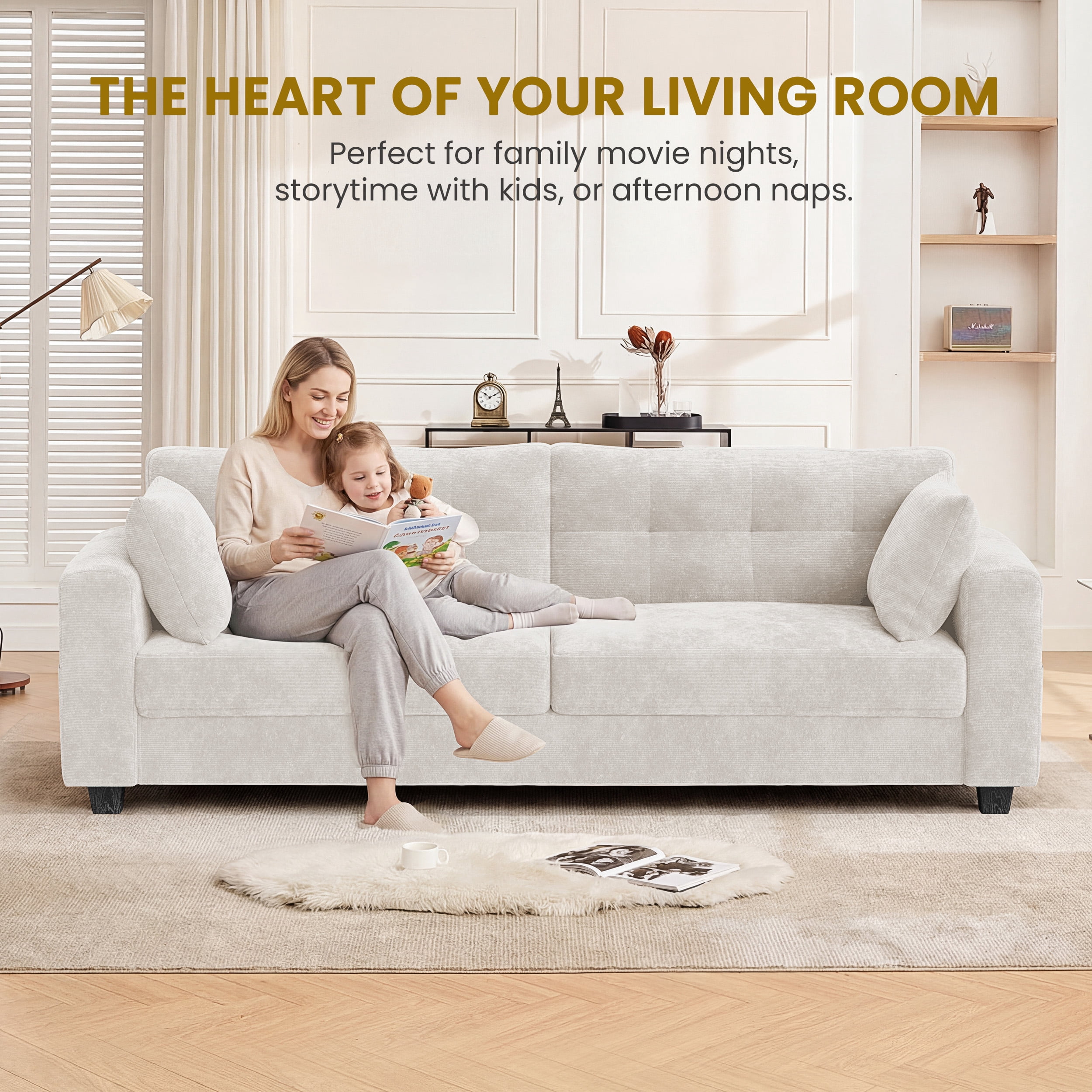 WISHEAD 87" Large 3 Seater Sofa Couch for Living Room, Office, Oversized Couches with Extra Deep Seat, USB Charging Port, 2 Pillows, Beige