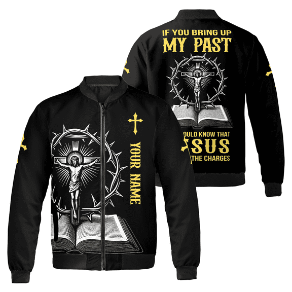 Custom Name Jesus Cross Bomber Jacket - Christian Faith Quote - Personalized Religious Outerwear Jacket