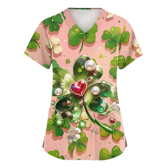 St. Patrick's Day Scrub Tops Women Irish Shamrock Printed Short Sleeve Nurse Working Uniforms Stretchy V Neck Holiday Blouse T-Shirt