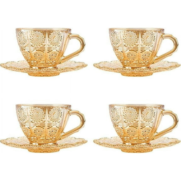 Glass Tea Cups Sets of 4 with Saucers, 6 Oz Vintage Coffee Mug Glasses Flower Embossed Glassware Set and Saucer, Adult Glass Teacups for Tea Party, Family, Friends (Amber)