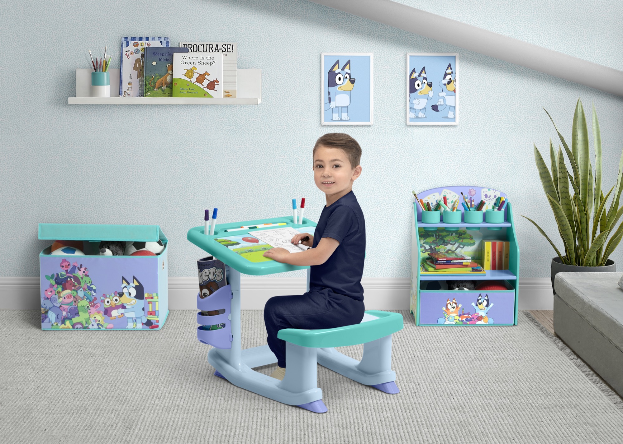 Bluey 3-Piece Art & Play Toddler Room-in-a-Box by Delta Children – Includes Draw & Play Desk, Art & Storage Station & Fabric Toy Box, Blue - image 3 of 11