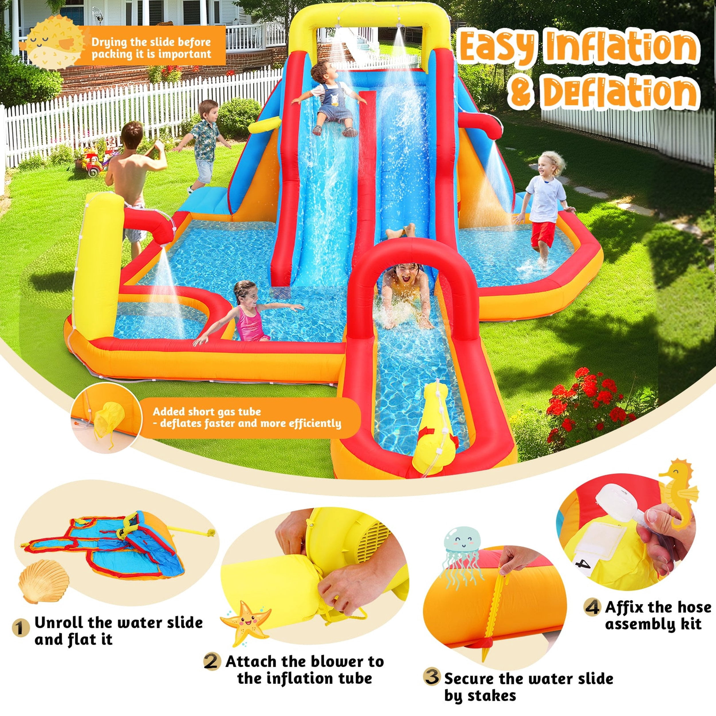 Funcid Inflatable Bounce with Water Slide, 19.3X14Ft Bounce House, Extra Long Side with Splash Pooll, Blow Up Water Slides Inflatables for Kids Backyard, No Blower