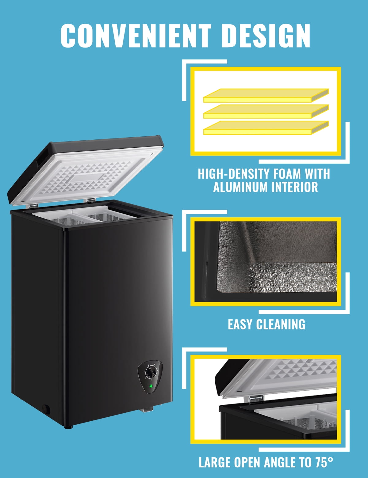 WANAI 60L Chest Freezer with 7 Gears Temp Control, Black Deep Freezers Space-saving two baskets