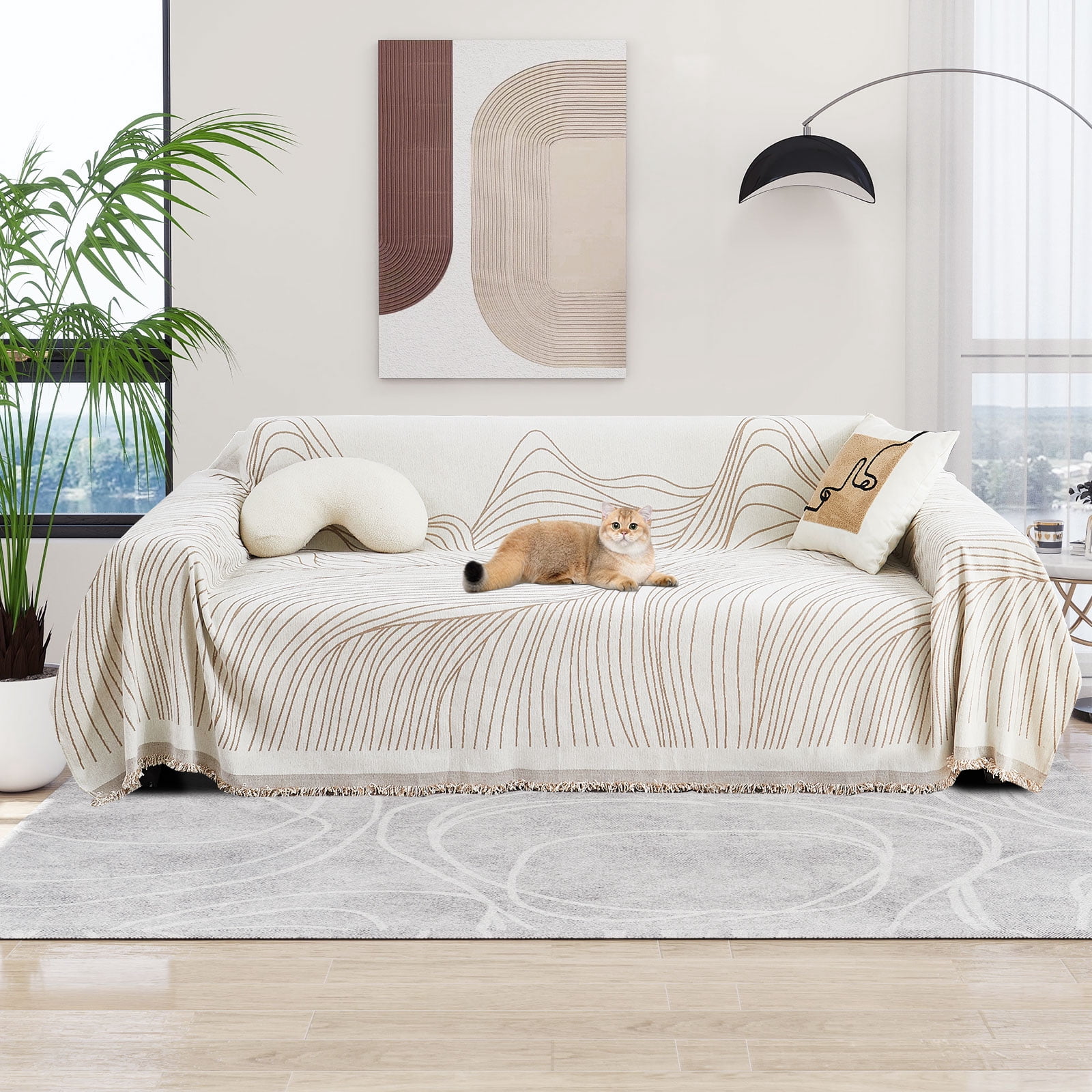 Eurhowing Boho Couch Cover for 2-3 Cushion Couch, Chenille Sofa Cover Blanket with a Pillowcase, Anti-Slip Tassel Sofa Slipcover for Pet, (71'' x 118'', Khaki Stripe)