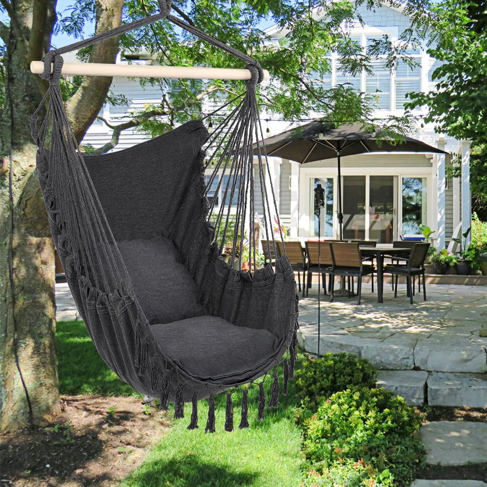 BAYUELSWU Hammock Chair with 2 Cushions, Hanging Rope Rope Swing with Tassel for Indoor/Outdoor, Garden Yard, Backyard, Living Room (Gray)