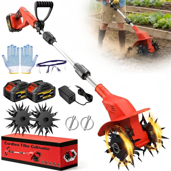 20V Cordless Tiller Cultivator, 360RPM Electric Garden Tiller, with 2 * 4.0Ah Batteries & Charger, 9in Tilling Width And 6.6in Depth Garden Rototiller for Lawn/Gardening