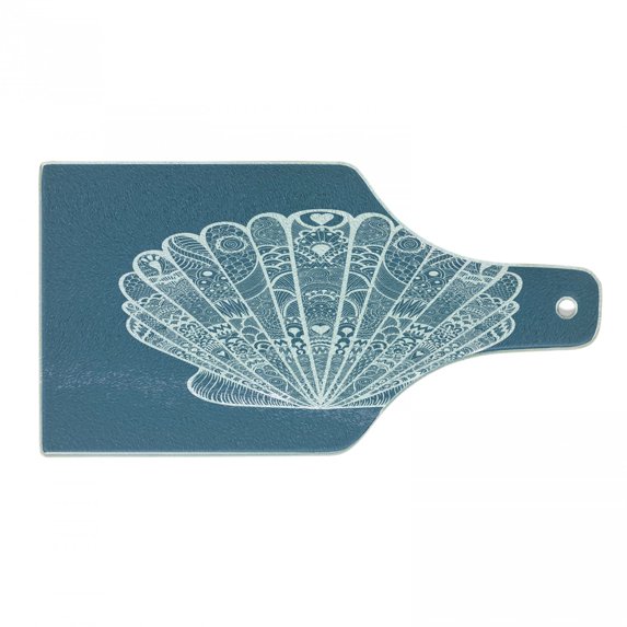 Scallop Cutting Board, Zentangle Lace Look Flourishing Shell Graphic with Ornament Details Print, Decorative Tempered Glass Cutting and Serving Board, in 3 Sizes, by Ambesonne