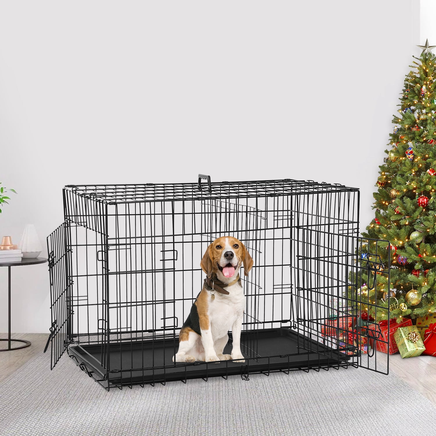 NiamVelo Dog Cage 36'' Metal Dog Crate , Folding  Dog Kennel with Plastic Tray & Handle, Pet Crate  for  Small  Medium Dogs, Black
