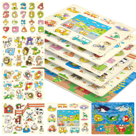 Xueyu Wooden Peg Puzzles for Toddlers 3 4 5 Year Old, 6 Pack Toddler Puzzles Set Toys with Animal Number Farm animals Vehicle Sea Animals Insects, Ideal Gift for Girls and Boys