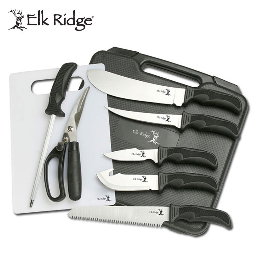 Elk Ridge Outdoors Hunting Knife Set Game Processing Kit 9PC Set, Includes Cutting Board