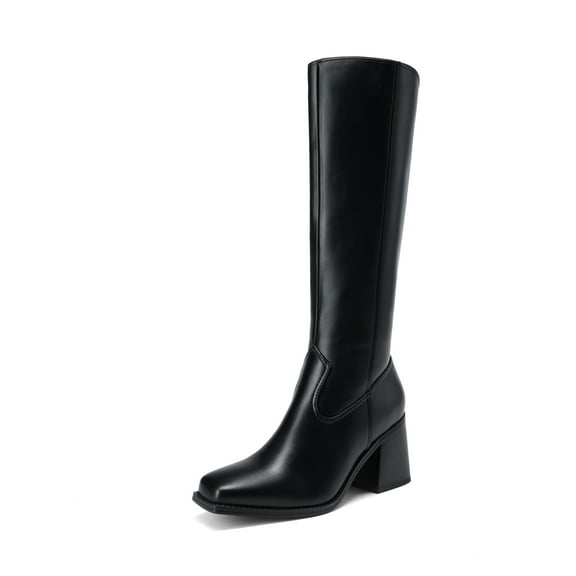 BURUDANI Women Chunky-Heel Square-Toe Knee-High Tall Boots Side-Zip Fashion Boots