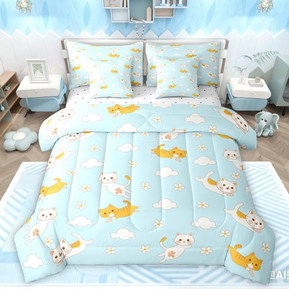 Manfei Child Teens Cute Animal Cats Twin Bedding Sets 7-Piece,Kawaii Flowers Bedding Comforter Set Microfiber,Cartoon Pets Breathable Sheet Sets,Super Cozy Room Decor,Reversible
