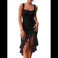 thumbnail image 3 of Vestido Midi Ajustado Fruncido para Mujer, Escote Cuadrado, Sin Mangas, Bajo con Volantes, Vestido de Fiesta para Discoteca, Negro, Talla XL, 3 of 7