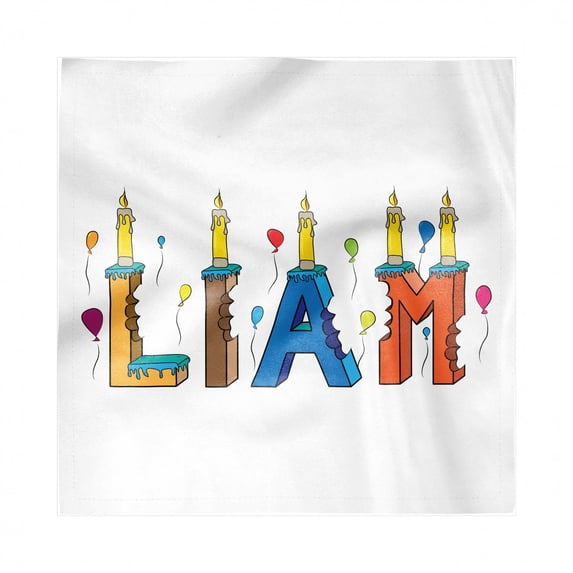Liam Decorative Satin Napkins Set of 4, English First Name in a Colorful Letter Style Cake Design with Bite Marks and Candles, Square Fabric Party & Dinner Napkin, 18", Multicolor, by Ambesonne