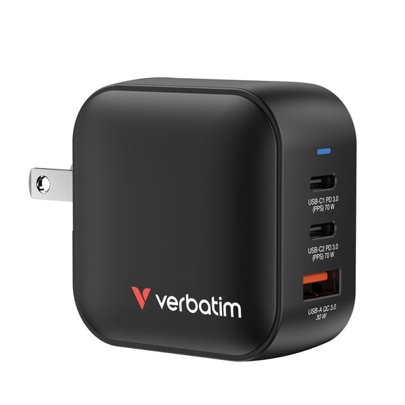 Verbatim Mini GaN 70W 3-Port Wall Charger, USB-C PD 3.0, Black