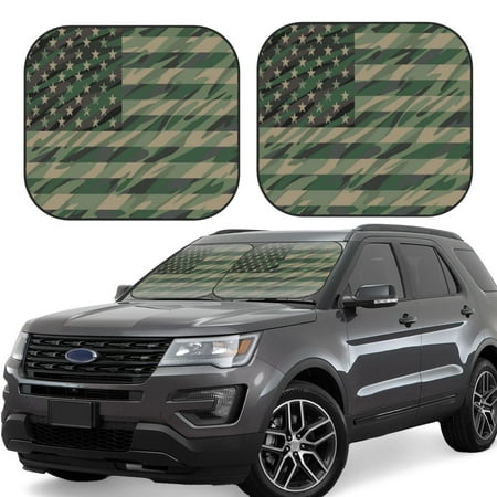 Hirioo Jungle Green Camo USA Flag for 2PCS Windshield Sun Shade Foldable | Front Windshield Shade for Sun Heat and UV Rays-Small